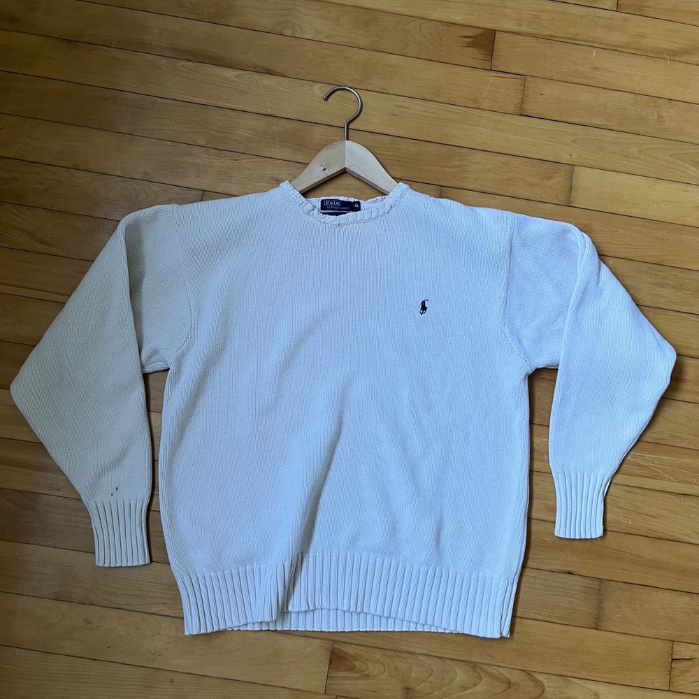 Polo Ralph Lauren Cream White Cotton Knit Crewneck Sweater Mens XL Navy Pony